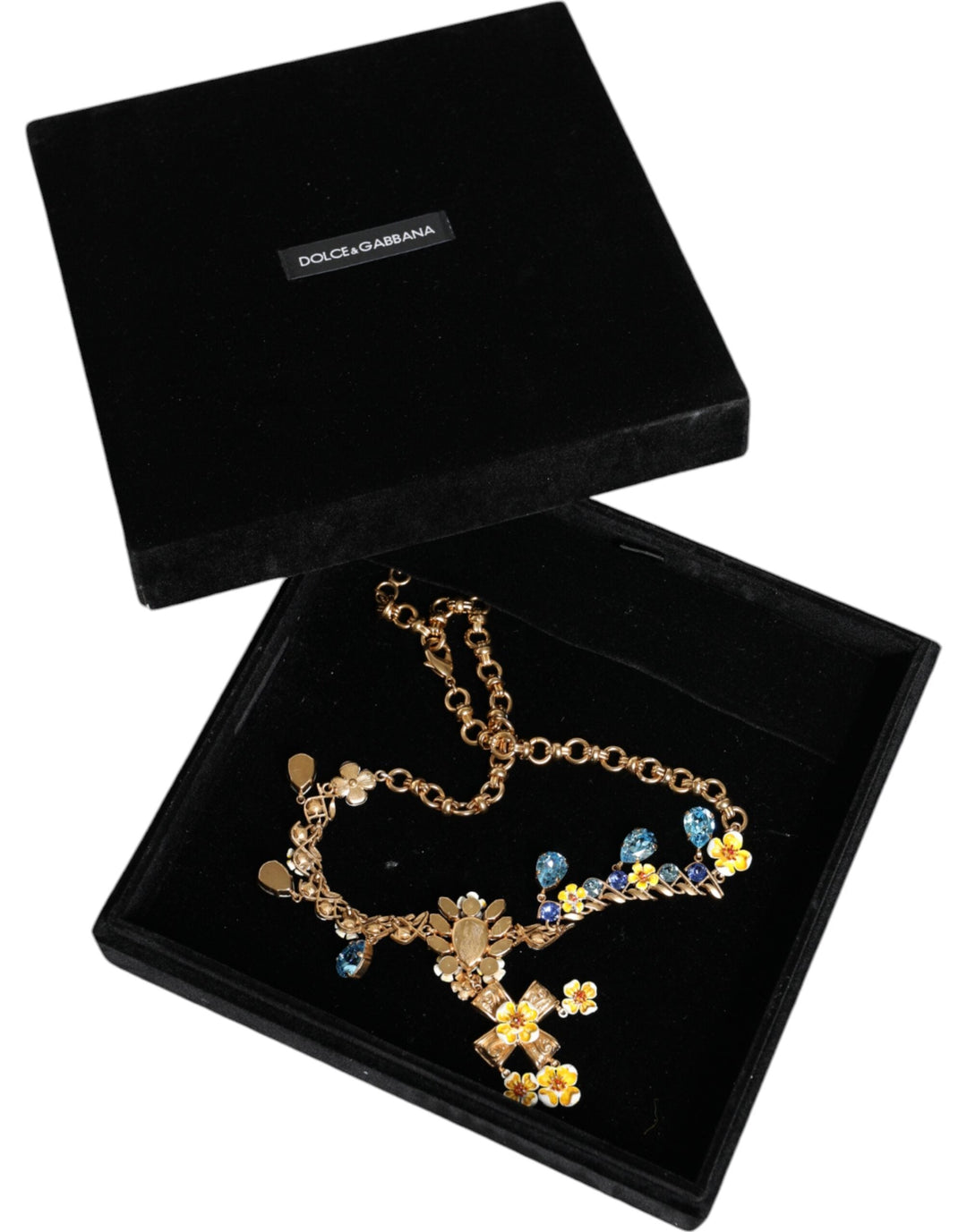  - Dolce & Gabbana Gold Brass Chain Floral Crystal Cross Pendant Necklace - SMY10356 - Ask Me Wear