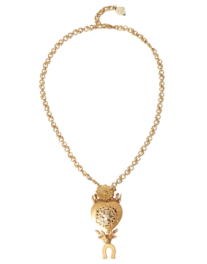  - Dolce & Gabbana Gold Brass Chain Sacred Heart Crystal Charm Necklace - SMY200101 - Ask Me Wear