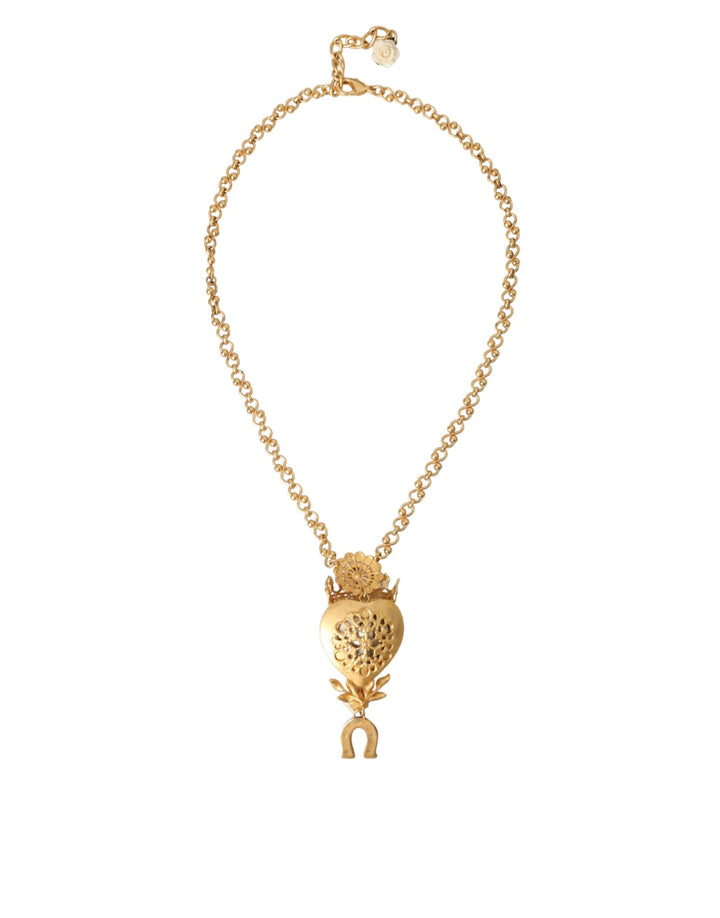  - Dolce & Gabbana Gold Brass Chain Sacred Heart Crystal Charm Necklace - SMY200101 - Ask Me Wear