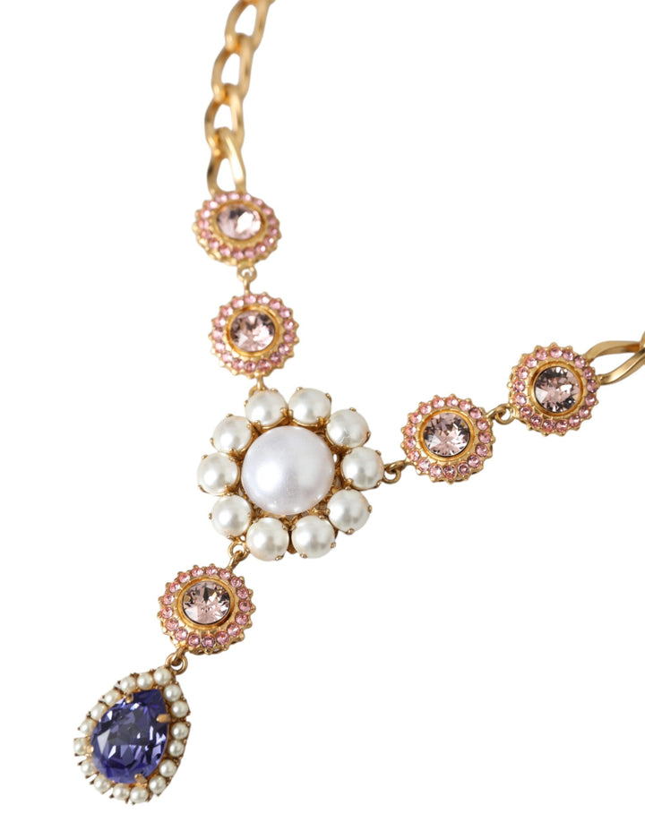  - Dolce & Gabbana Gold Brass Crystal Purple Pink Pearl Pendants Necklace - SMY10288 - Ask Me Wear