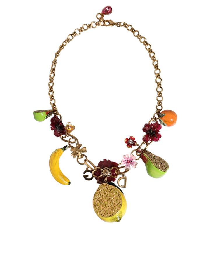  - Dolce & Gabbana Gold Brass FRUIT Pendants Flowers Crystal Logo Necklace - SMY10357 - Ask Me Wear