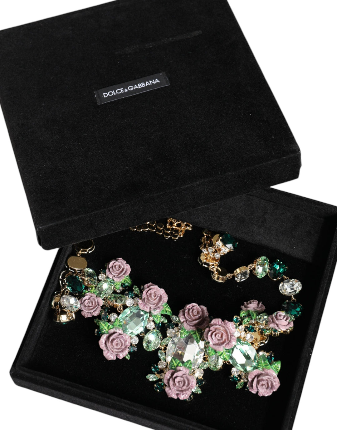  - Dolce & Gabbana Gold Brass Link Chain Rose Petal Crystal Embellished Necklace - SMY10361 - Ask Me Wear