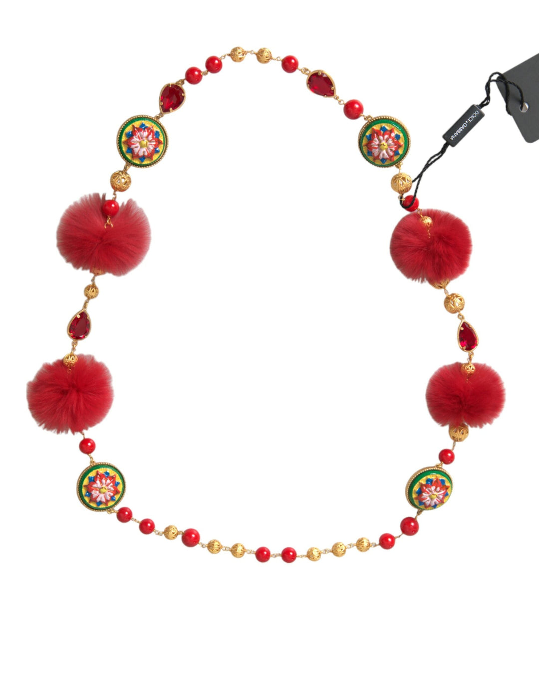  - Dolce & Gabbana Gold Brass Red Fur Crystal Carretto Chain Necklace - SMY101365 - Ask Me Wear