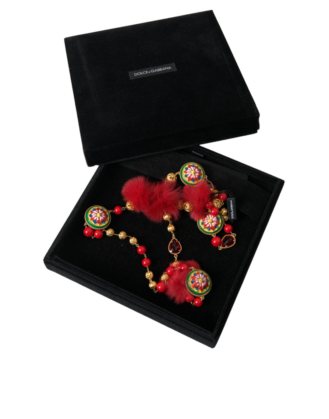  - Dolce & Gabbana Gold Brass Red Fur Crystal Carretto Chain Necklace - SMY101365 - Ask Me Wear