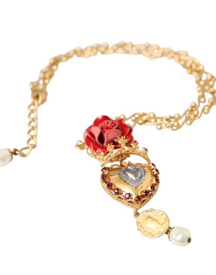  - Dolce & Gabbana Gold BrassChain Sacred Heart Rose Crystal Charm Necklace - SMY10298 - Ask Me Wear