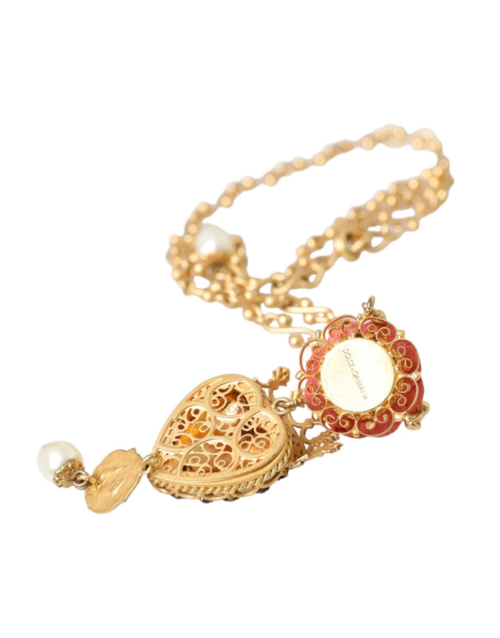  - Dolce & Gabbana Gold BrassChain Sacred Heart Rose Crystal Charm Necklace - SMY10298 - Ask Me Wear