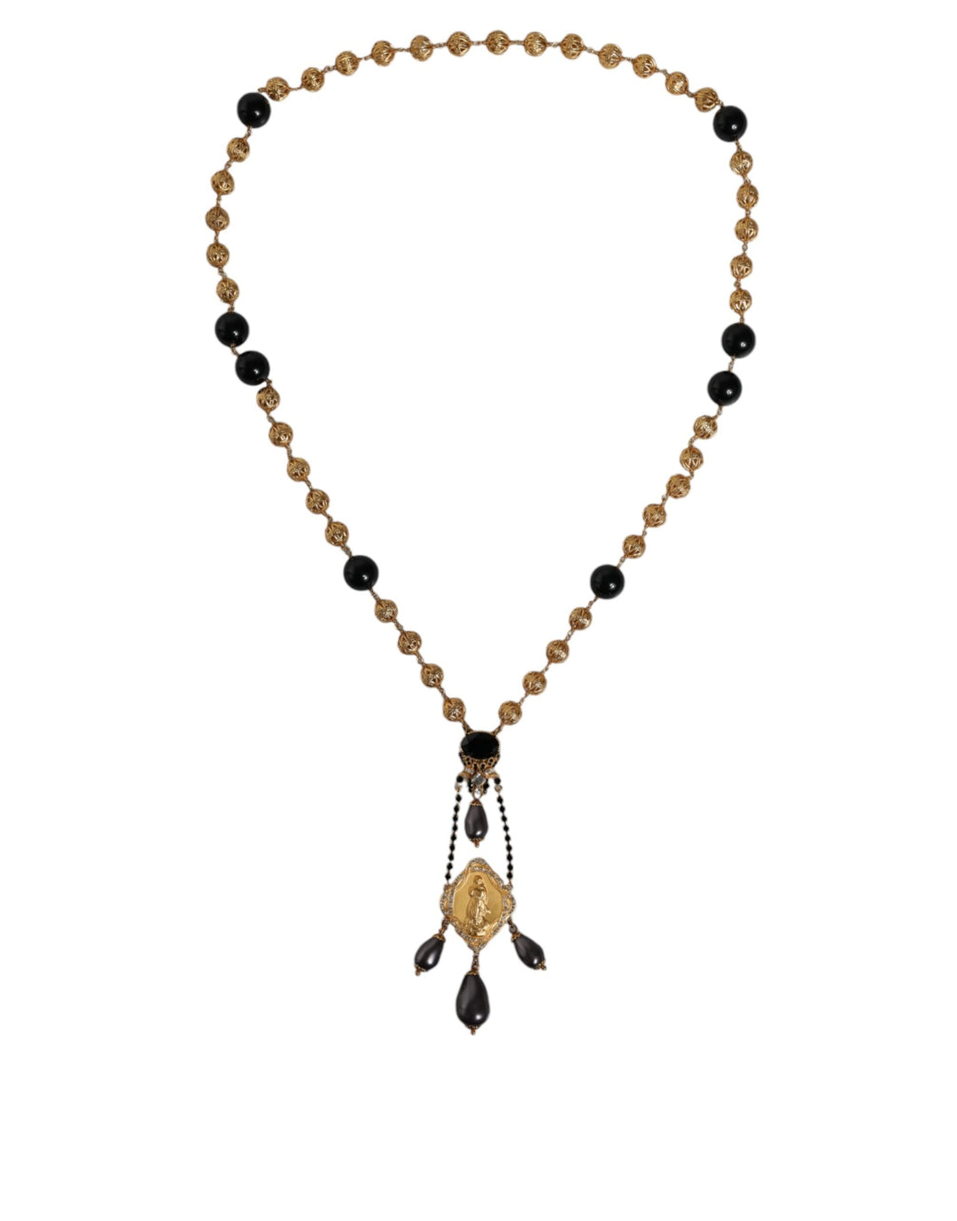  - Dolce & Gabbana Gold Chain Brass Black Beaded Rosary Style Necklace - SMY10163 - Ask Me Wear