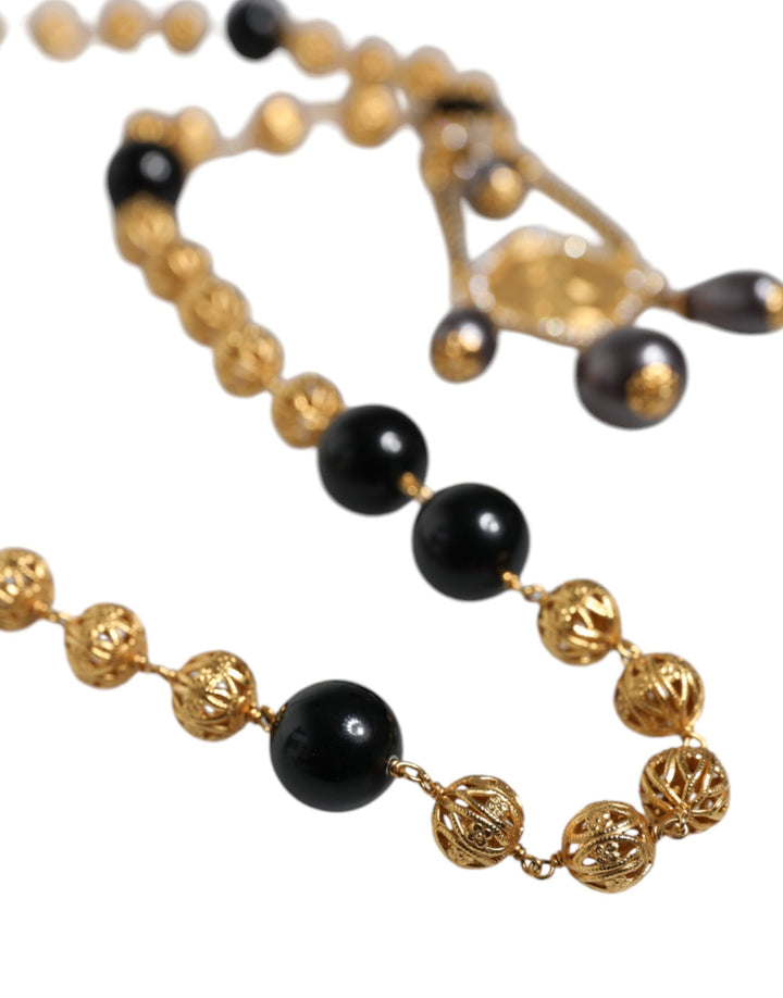  - Dolce & Gabbana Gold Chain Brass Black Beaded Rosary Style Necklace - SMY10163 - Ask Me Wear