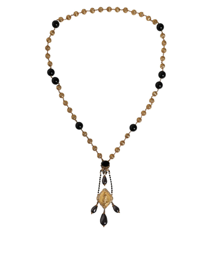  - Dolce & Gabbana Gold Chain Brass Black Beaded Rosary Style Necklace - SMY10163 - Ask Me Wear