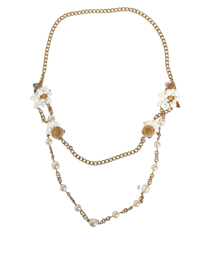  - Dolce & Gabbana Gold Chain Brass Floral Layered Crystal Pearl Necklace - SMY10355 - Ask Me Wear