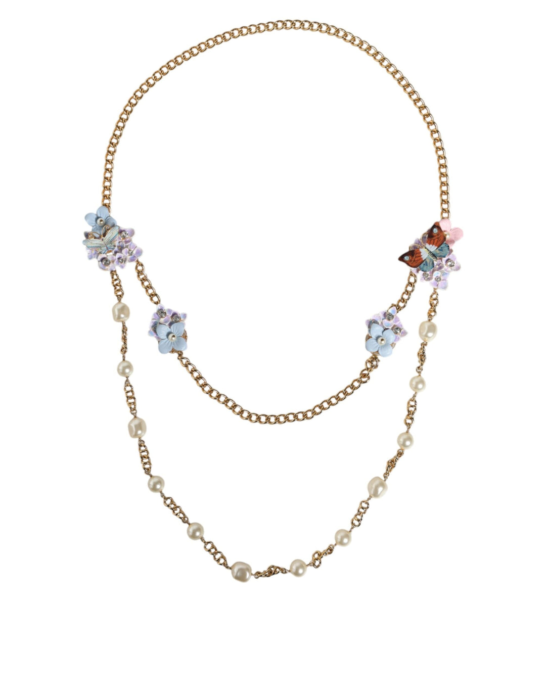  - Dolce & Gabbana Gold Chain Brass Floral Layered Crystal Pearl Necklace - SMY10355 - Ask Me Wear