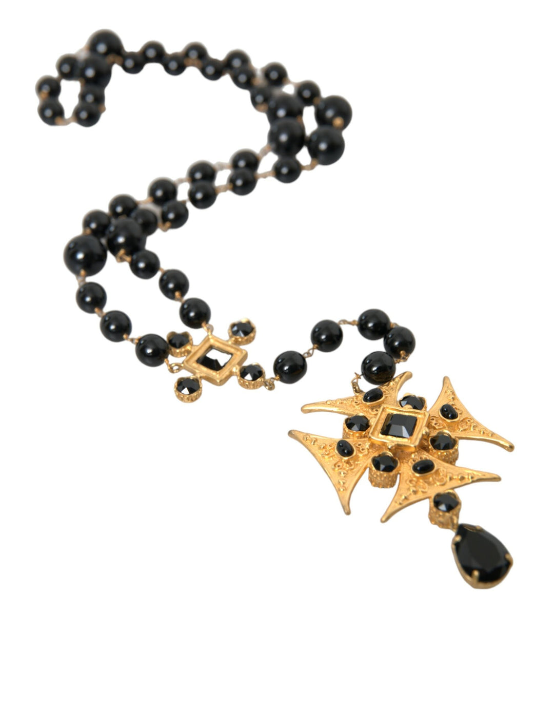  - Dolce & Gabbana Gold Tone Brass Cross Black Beaded Chain Rosary Necklace - SMY101408 - Ask Me Wear