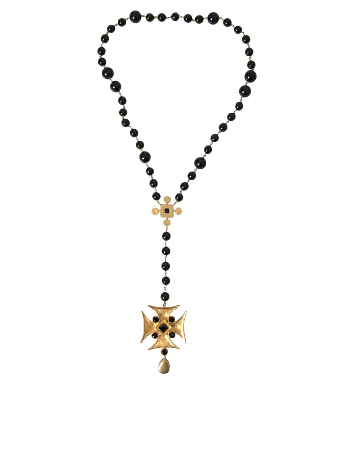  - Dolce & Gabbana Gold Tone Brass Cross Black Beaded Chain Rosary Necklace - SMY101408 - Ask Me Wear