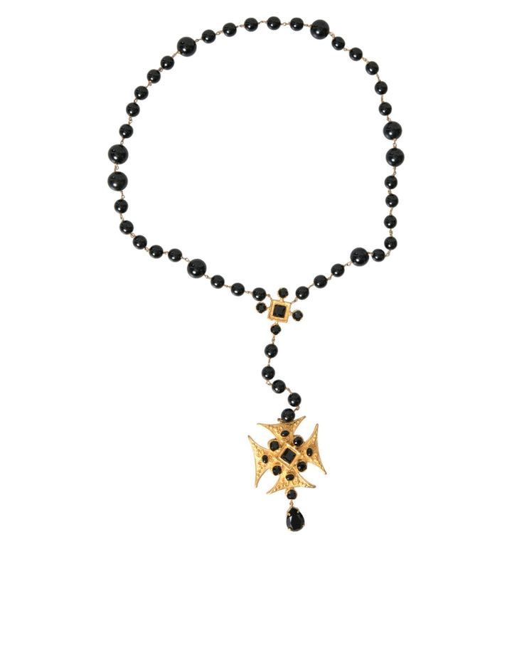  - Dolce & Gabbana Gold Tone Brass Cross Black Beaded Chain Rosary Necklace - SMY101408 - Ask Me Wear