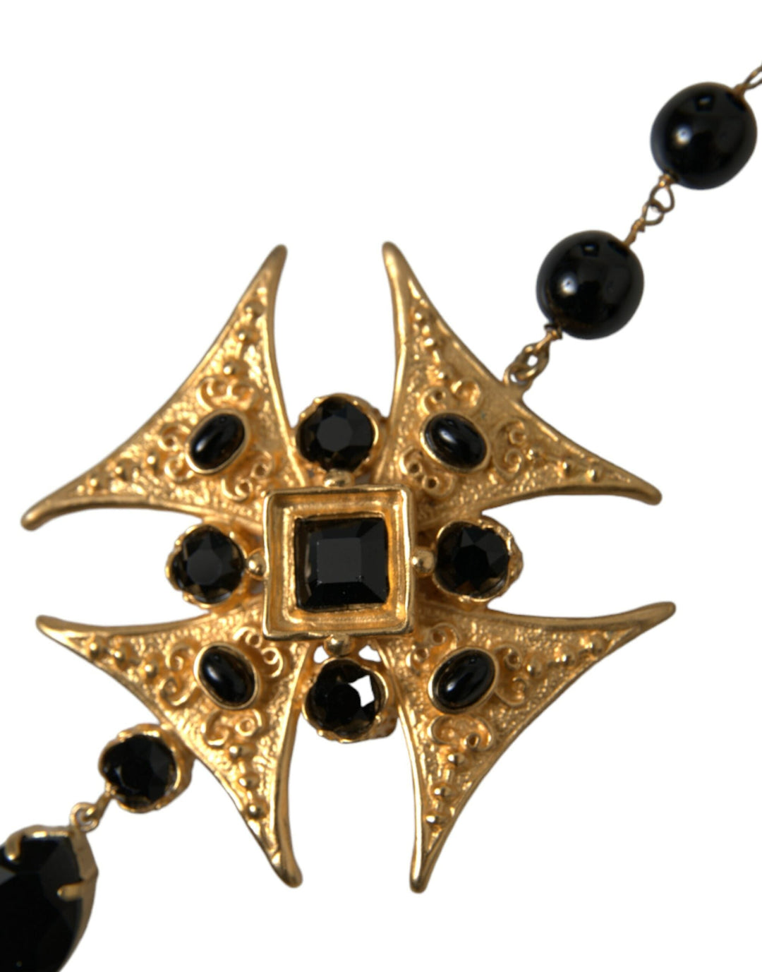  - Dolce & Gabbana Gold Tone Brass Cross Black Beaded Chain Rosary Necklace - SMY101408 - Ask Me Wear