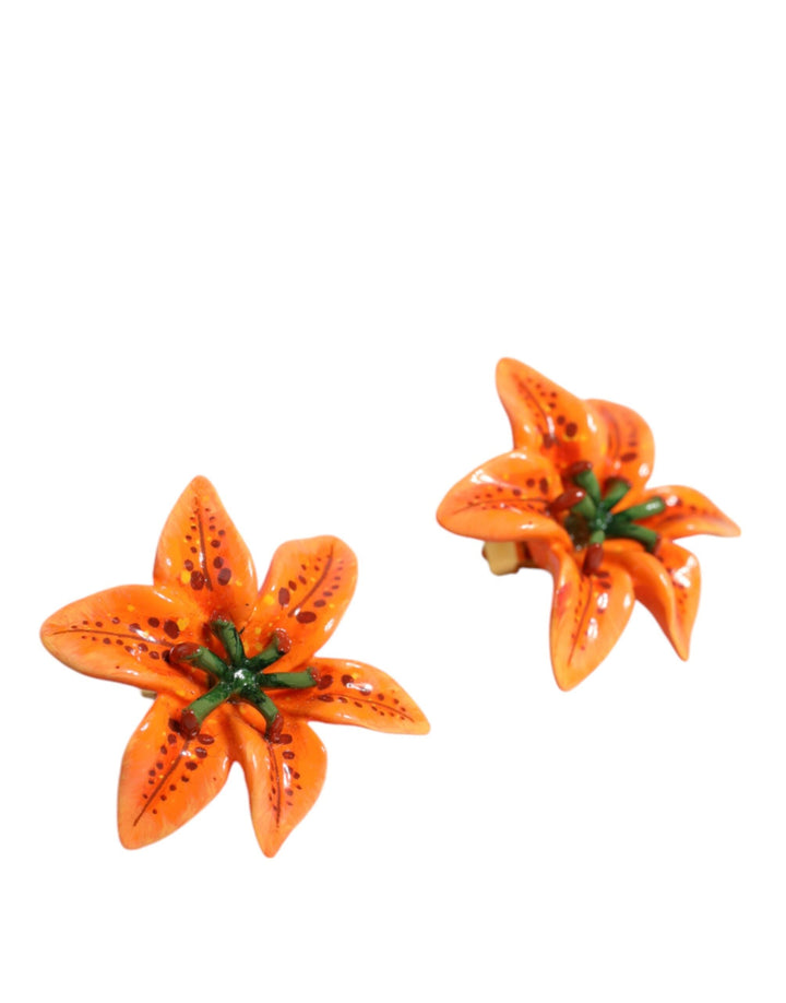  - Dolce & Gabbana Orange Green Gold Brass Lily Flower Clip Floral Earrings - SMY10388 - Ask Me Wear