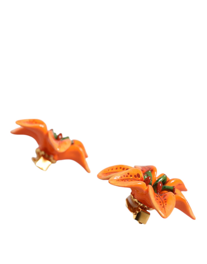  - Dolce & Gabbana Orange Green Gold Brass Lily Flower Clip Floral Earrings - SMY10388 - Ask Me Wear