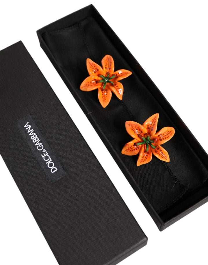  - Dolce & Gabbana Orange Green Gold Brass Lily Flower Clip Floral Earrings - SMY10388 - Ask Me Wear