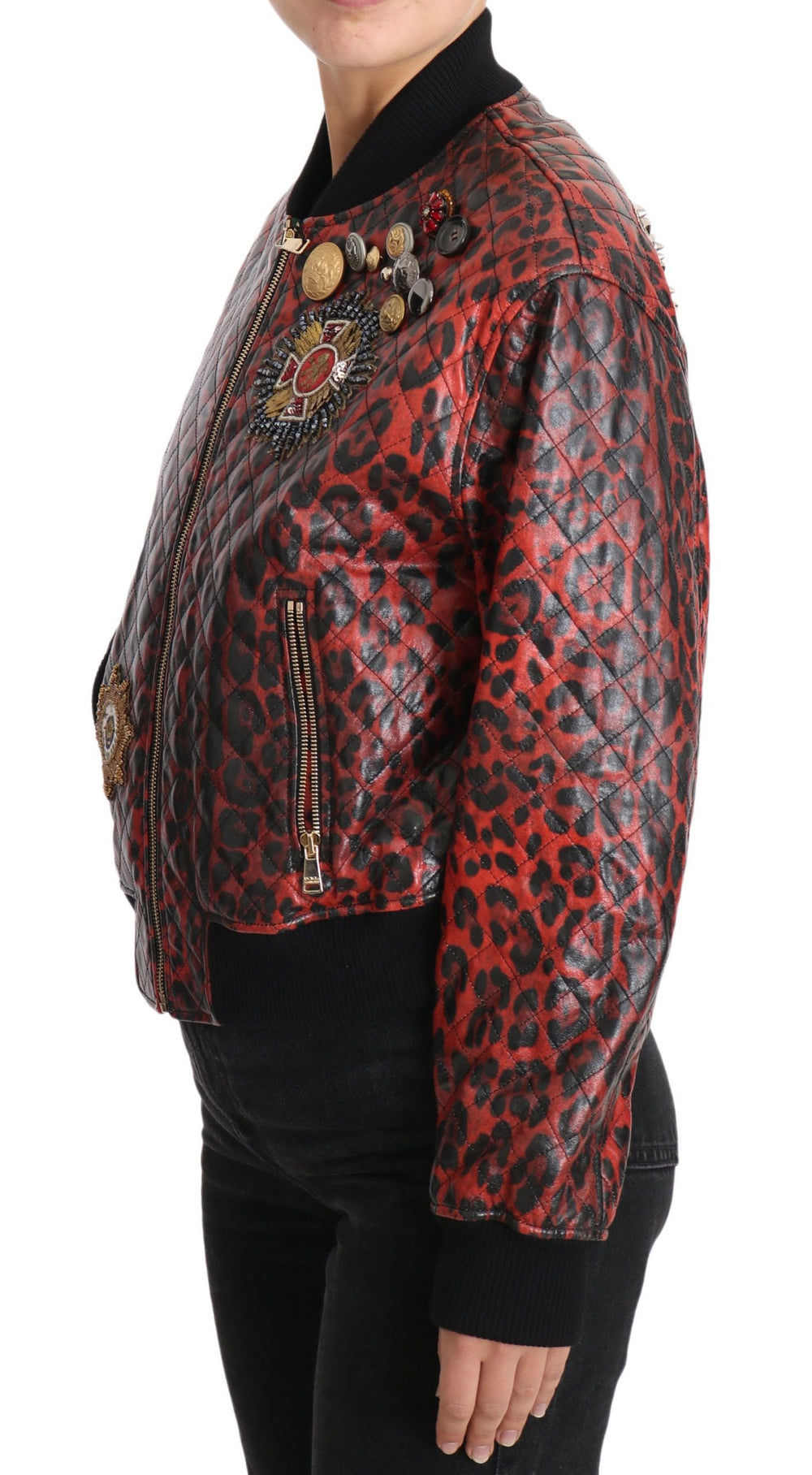  - Dolce & Gabbana Red Leopard Bomber Leather Jacket with Crystal Buttons - JKT2419 - 42 - Ask Me Wear