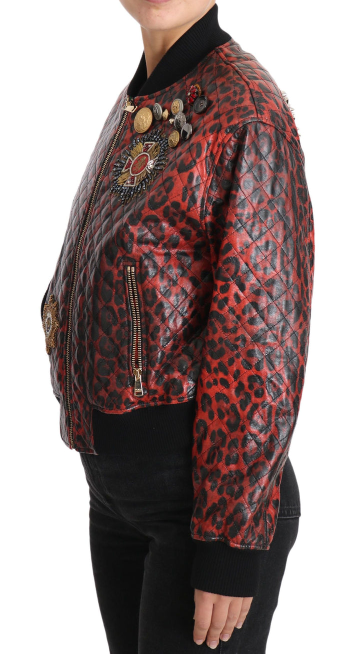  - Dolce & Gabbana Red Leopard Bomber Leather Jacket with Crystal Buttons - JKT2419 - 42 - Ask Me Wear