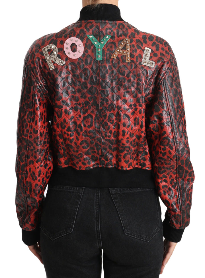  - Dolce & Gabbana Red Leopard Bomber Leather Jacket with Crystal Buttons - JKT2419 - 42 - Ask Me Wear