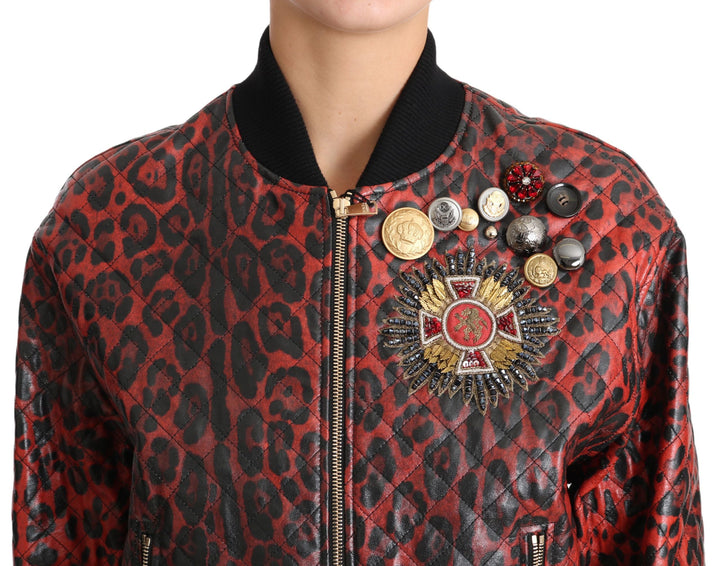  - Dolce & Gabbana Red Leopard Bomber Leather Jacket with Crystal Buttons - JKT2419 - 42 - Ask Me Wear