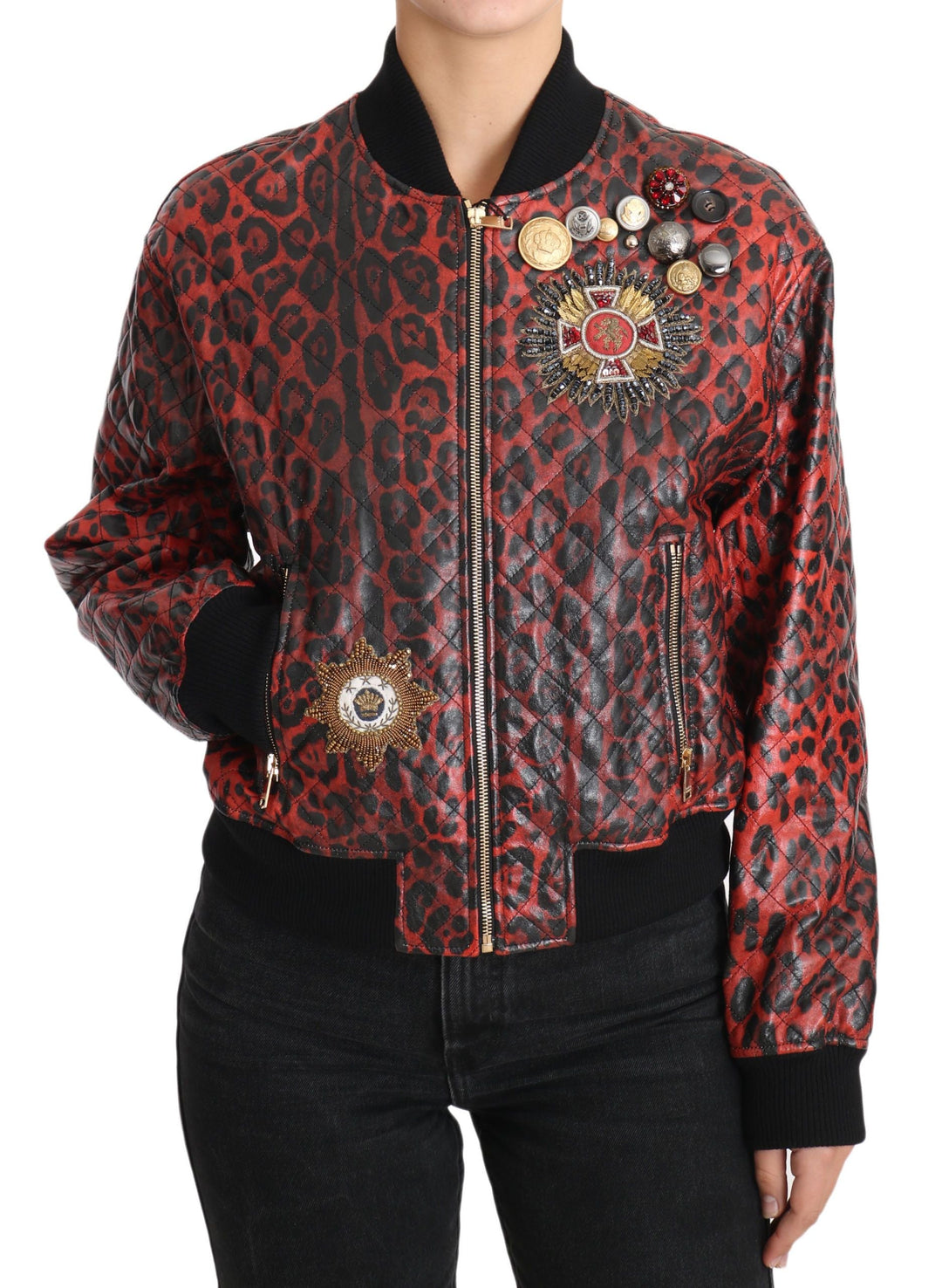  - Dolce & Gabbana Red Leopard Bomber Leather Jacket with Crystal Buttons - JKT2419 - 42 - Ask Me Wear