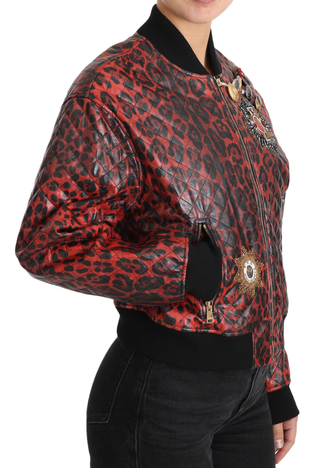  - Dolce & Gabbana Red Leopard Bomber Leather Jacket with Crystal Buttons - JKT2419 - 42 - Ask Me Wear