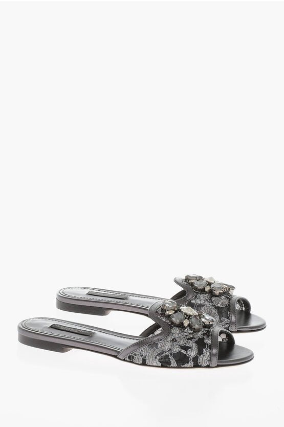 Shoes - Dolce & Gabbana Rhinestoned Lace Sliders - 0815423082750931 - Ask Me Wear