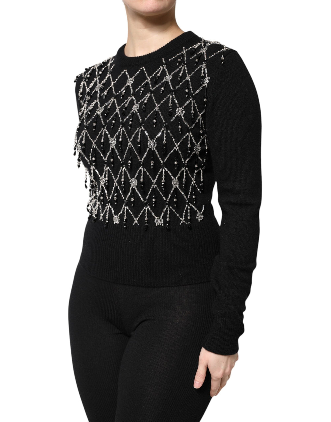 Dolce & Gabbana - Dolce & Gabbana Black Cashmere Embellished Long Sleeves Top - THS90420 - 36 - Ask Me Wear