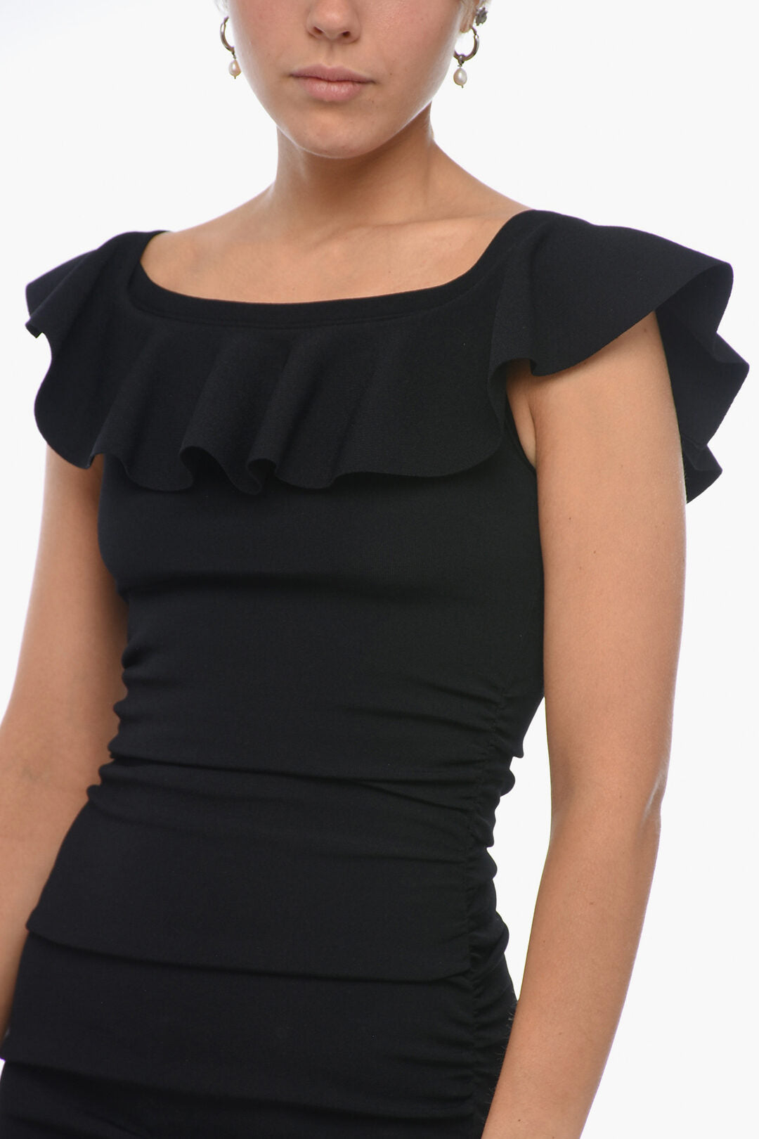 Celine Draped Off-Shoulder Sheath Dress with Frill Detail