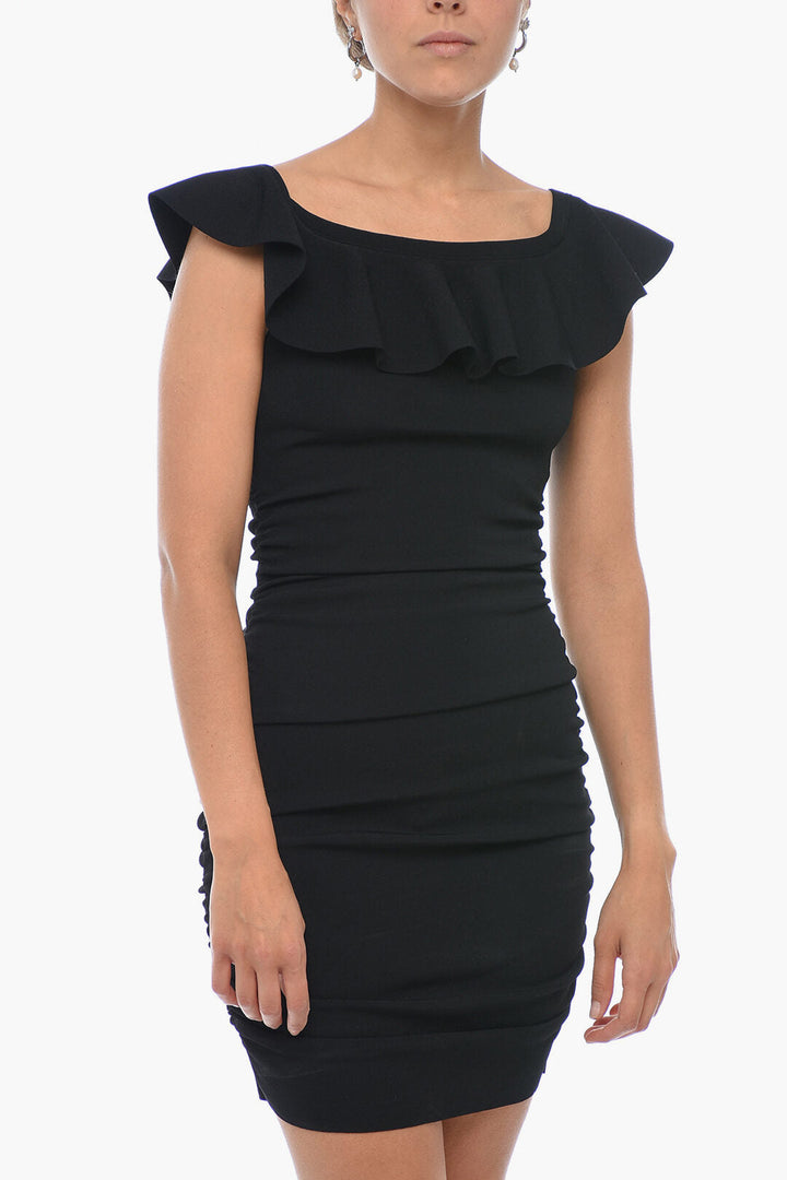 Celine Draped Off-Shoulder Sheath Dress with Frill Detail