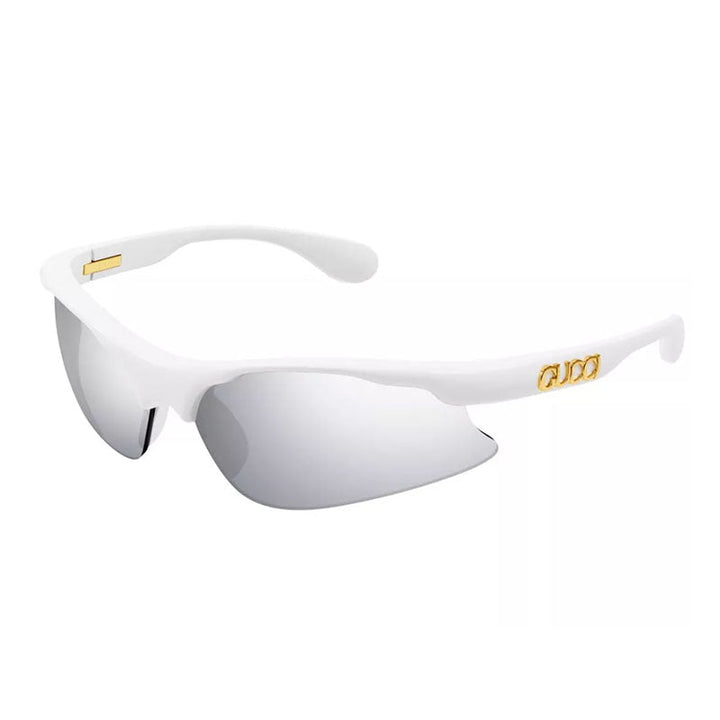 Gucci Geometric Semi Rim, with a White frame and Smoke Silver Mirror lens.