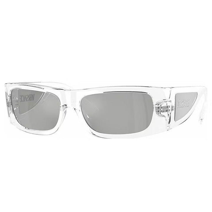 Versace Rectangle Full Rim, with a Transparent frame and Clear Mirror Silver lens.