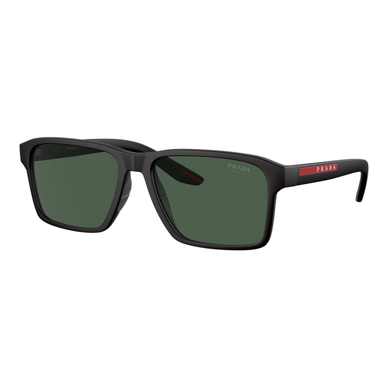 Prada Sport Sunglasses Rectangle Full Rim, Black Rubber Frame And Tuning Dark Green Lens