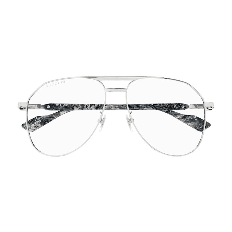 Gucci Aviator Full Rim, with a Silver frame and Transparent To Blue Photochromic lens.