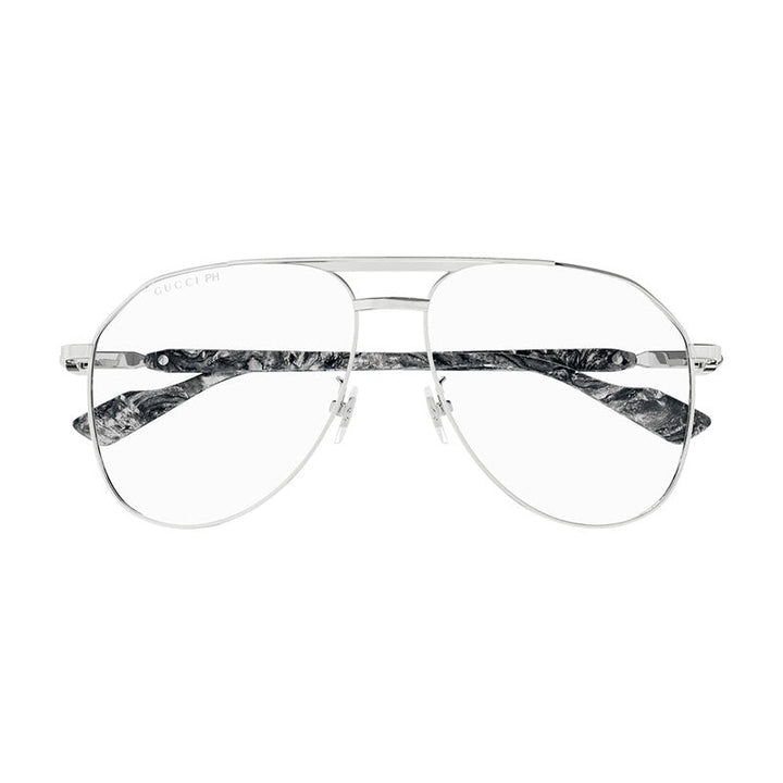 Gucci Aviator Full Rim, with a Silver frame and Transparent To Blue Photochromic lens.