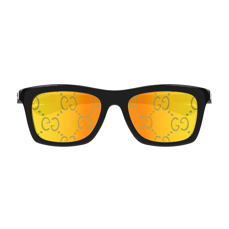 Gucci Rectangle Full Rim, with a Black with Green frame and Yellow with Logo Orange Mirror lens.