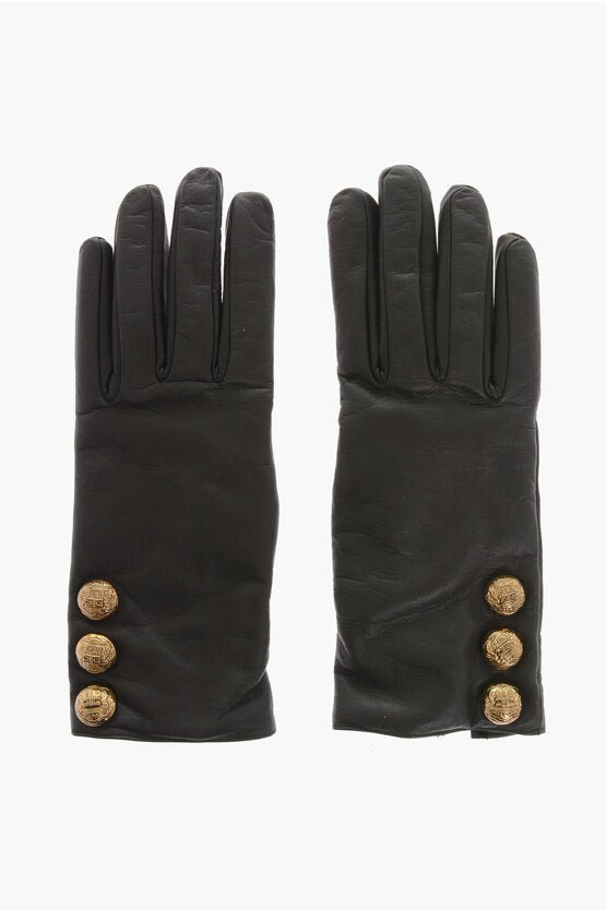 Accessories - Gloves - Elisabetta Franchi Solid Color Leather Gloves with Golden Details - GC120240600308 - Ask Me Wear