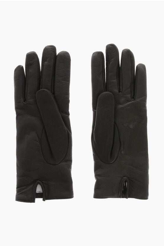 Accessories - Gloves - Elisabetta Franchi Solid Color Leather Gloves with Golden Details - GC120240600308 - Ask Me Wear