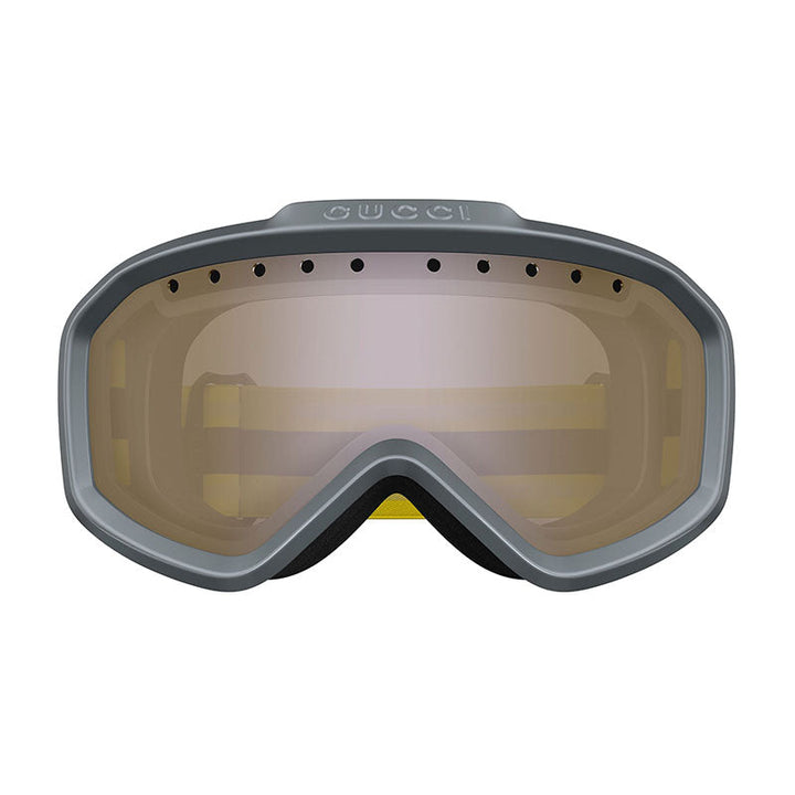 Gucci Shield Full Rim, with a Metallic Dark Ruthenium frame and Brown with Bronze Mirror lens.