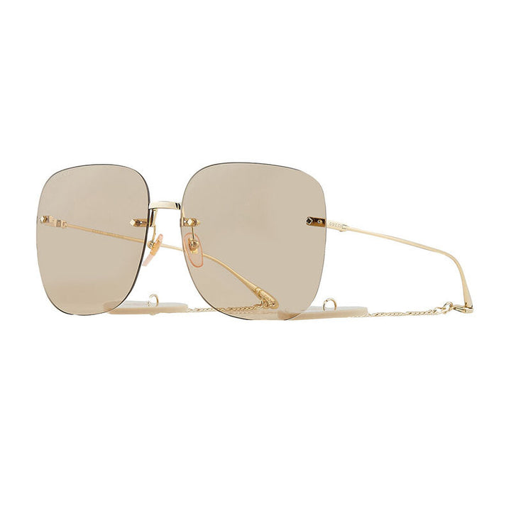 Gucci Sunglasses Square Rimless, Gold With Detachable Gold Chain Frame and Brown Lens GG1148S003