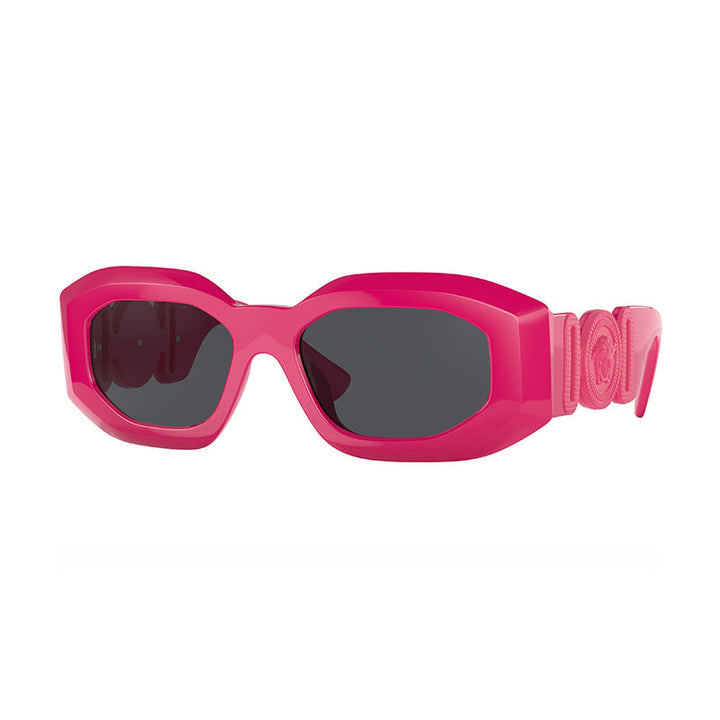 Versace Oval Full Rim, with a Fuchsia frame and Dark Grey lens.