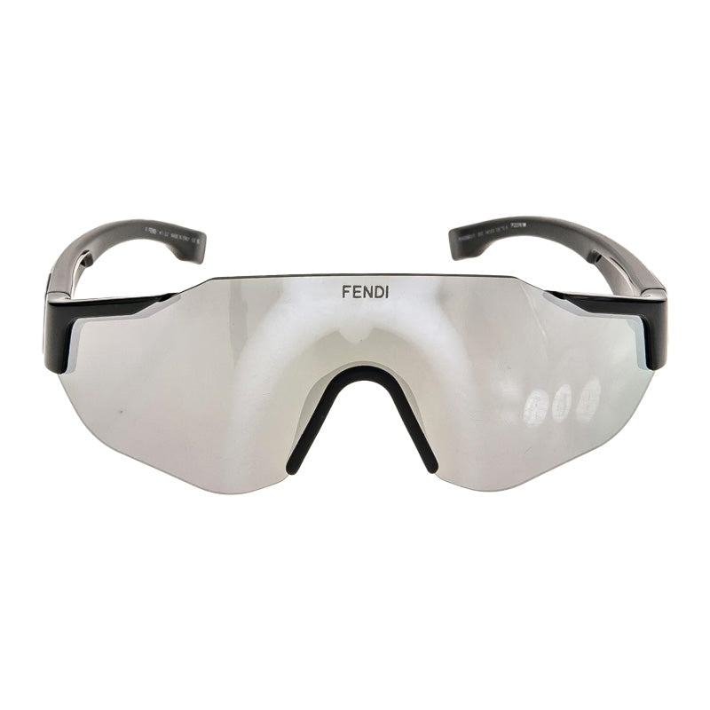 Fendi Shield Rimless, with a Shiny Black frame and Silver Mirror lens.