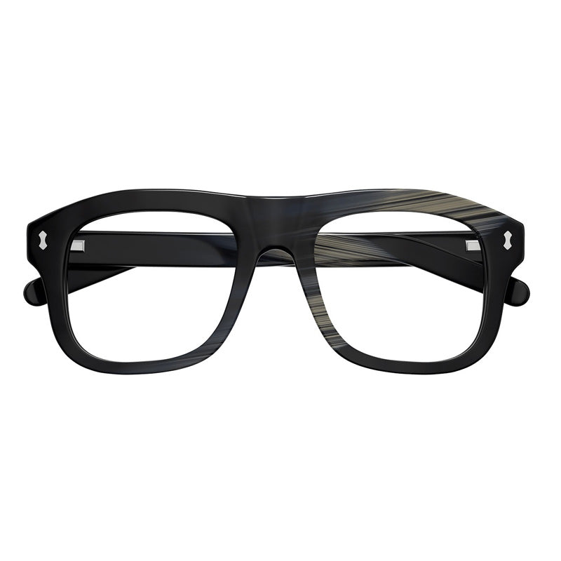Gucci Square Full Rim, with a Shiny Black Beige And Blue Maxi Horn frame and Clear/Blue Magnetic Clip-On lens.