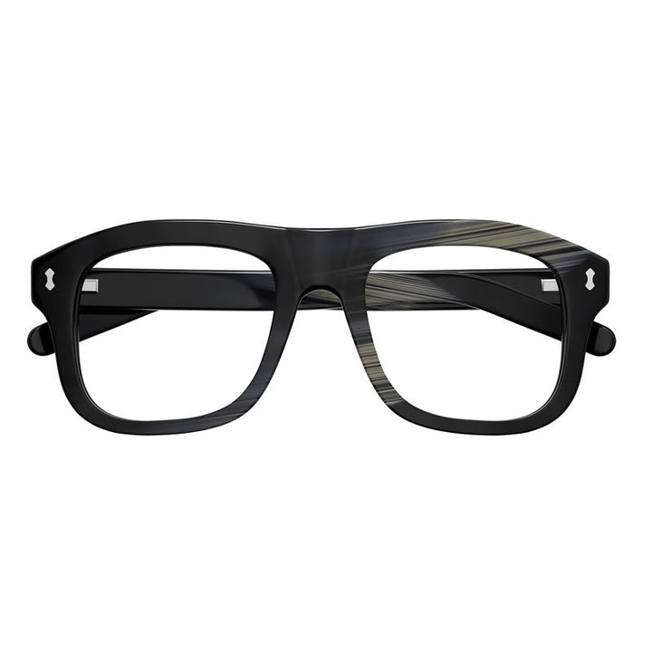 Gucci Square Full Rim, with a Shiny Black Beige And Blue Maxi Horn frame and Clear/Blue Magnetic Clip-On lens.