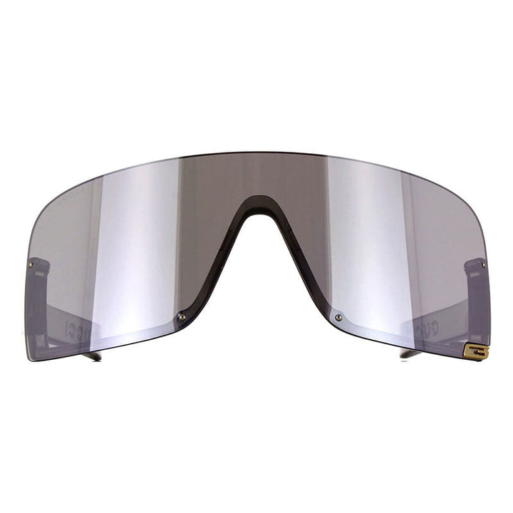 Gucci Shield Semi Rim, with a Transparent Light Grey frame and Multilayer Silver Mirror lens.