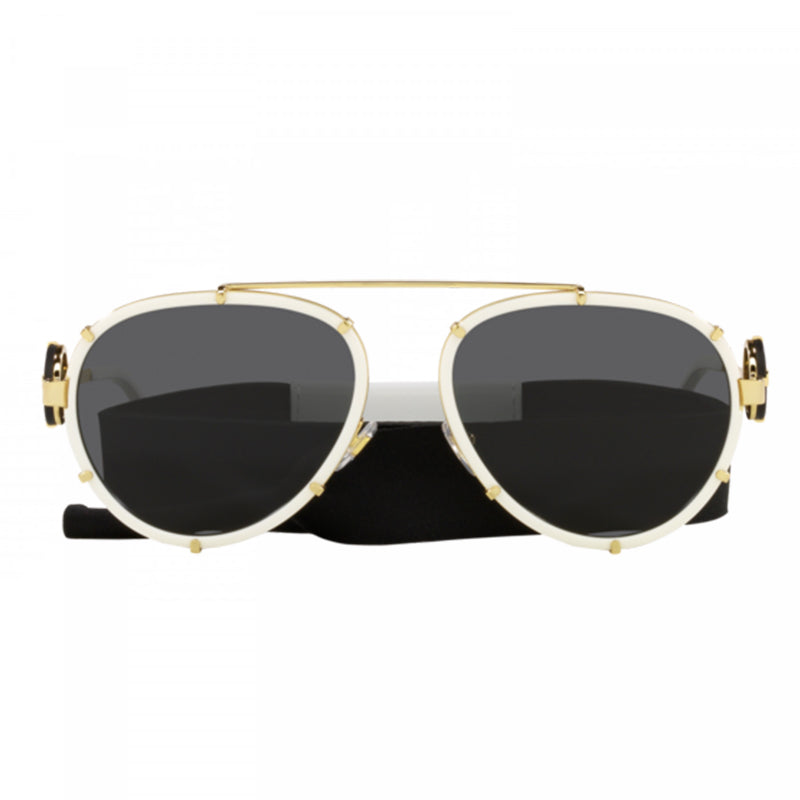 Versace Aviator Full Rim, with a White/Gold frame and Dark Grey with Neck Strap lens.