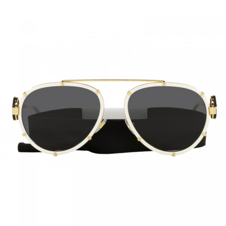 Versace Aviator Full Rim, with a White/Gold frame and Dark Grey with Neck Strap lens.