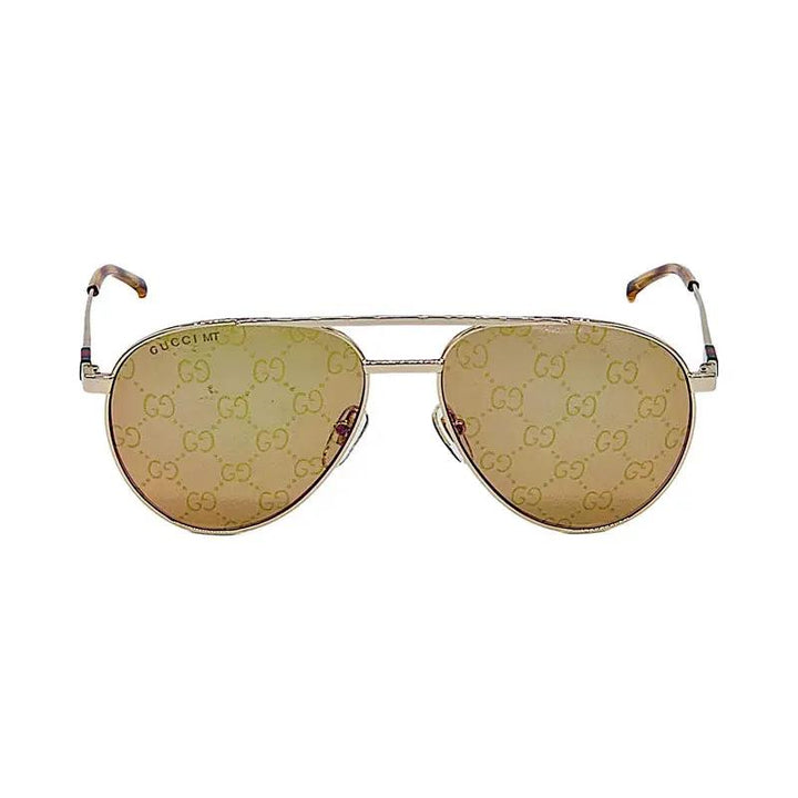 Gucci Sunglasses Aviator Full Rim, Shiny Gold Frame And Yellow With Gg Logo Pattern Mirror Lens